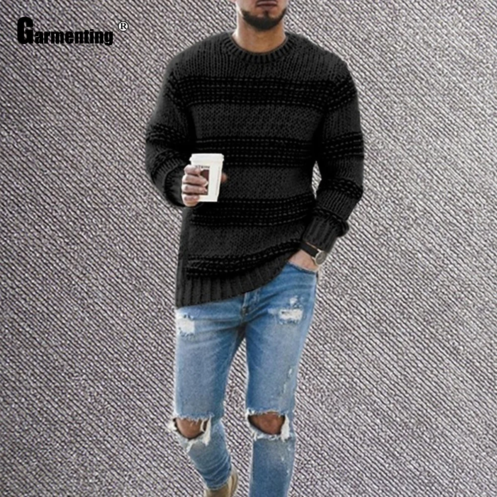2021 New Spring Autumn New Knitted Sweaters Men Long Sleeve Winter Warm Clothes Patchwork Striped Mens Sweater Casual Pullovers