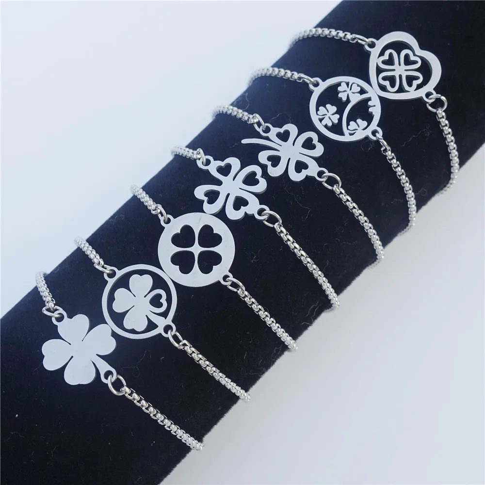 Stainless Steel Bracelet 4 Leaf Lucky Clover Wristband Women Men Four Jewelry Adjustable Size