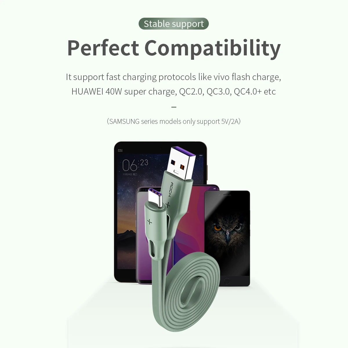 Плоский кабель для быстрой зарядки ROCK type-C 5A для samsung S9 S8 Xiaomi mi9 Redmi note 7 Super Fast Charging QC 4,0 шнур для передачи данных