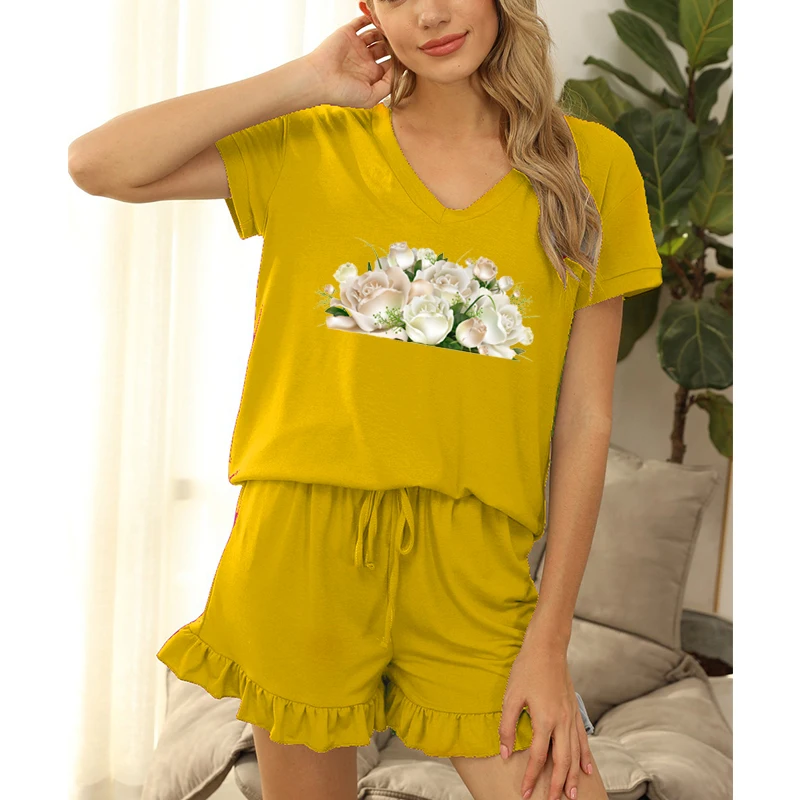

Ladies Short Turtleneck Top Shorts Summer Homewear Set O-neck Elastic Waist Pajamas Ladies Loose Streetwear Solid Color Pajamas