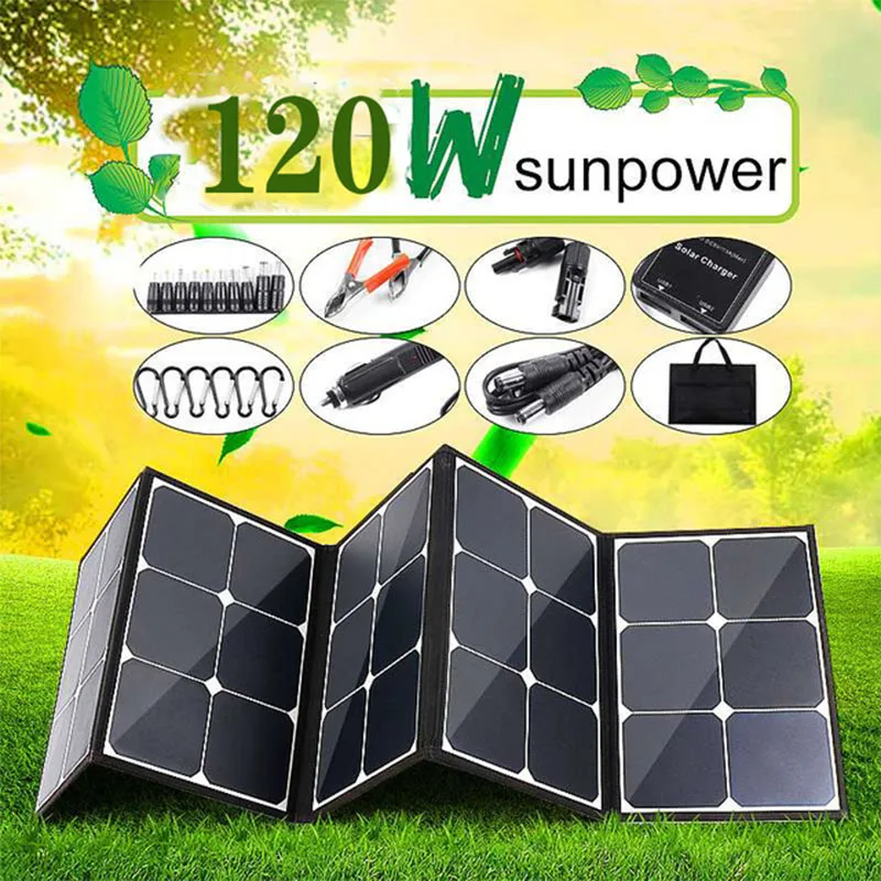 

Sun Power 120W 5V DC 18V Solar Panel Portable Foldable Battery Charger For Phone Laptop Light Fan Camping Outdoor
