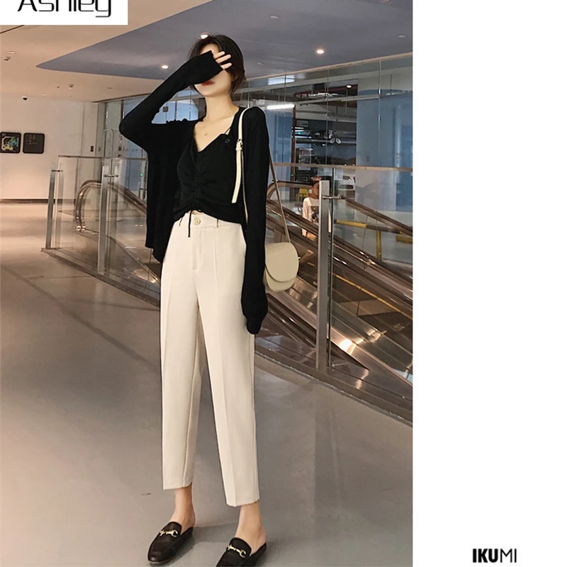 

Ashley Casual solid pleated button mid waist women pants Pockets loose elasticity straight trousers women Elegant autumn pants