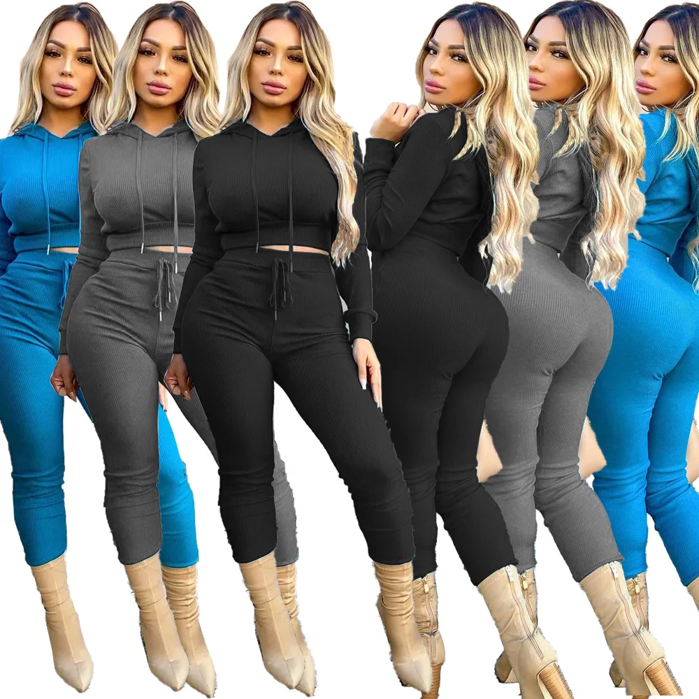 

Autumn Women Tracksuits Two Piece Set Casual Hooded Long Sleeve Crop Tops Fashion Pit Stripe Leggings 2 Piece Set Womens Outfits