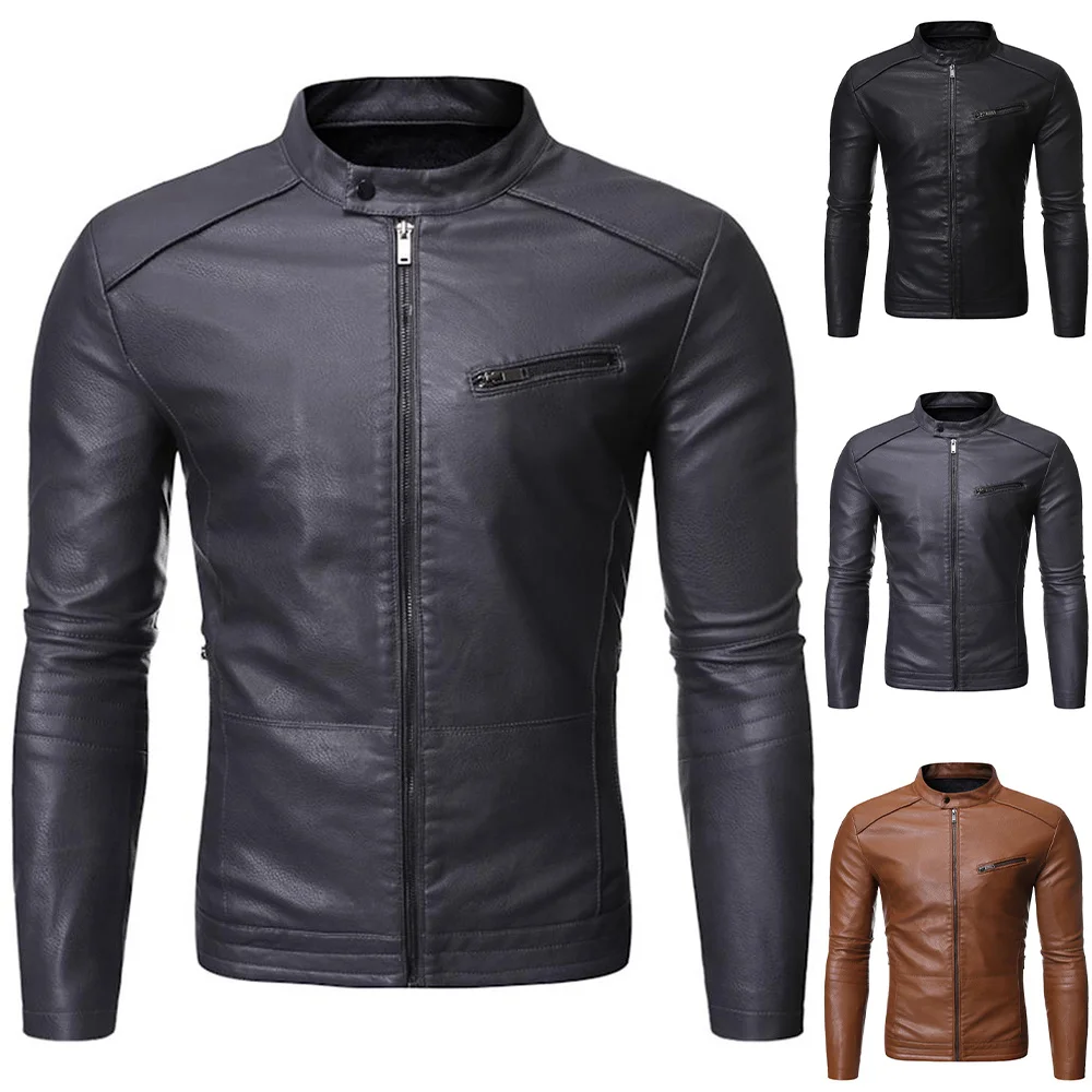 

Men Slim Fit Stand-up Collar Leather Jacket Plain Zipper Biker Warm Casual Outwear Retro Coat