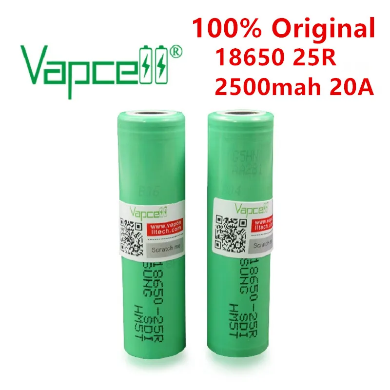 Оригинальный перезаряжаемый литий ионный аккумулятор Vapcell 100% INR 18650 25R 2500 мАч 20A 3 7