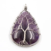 popular silver plated wire wrap water drop pendant amethysts stone tree of life jewelry