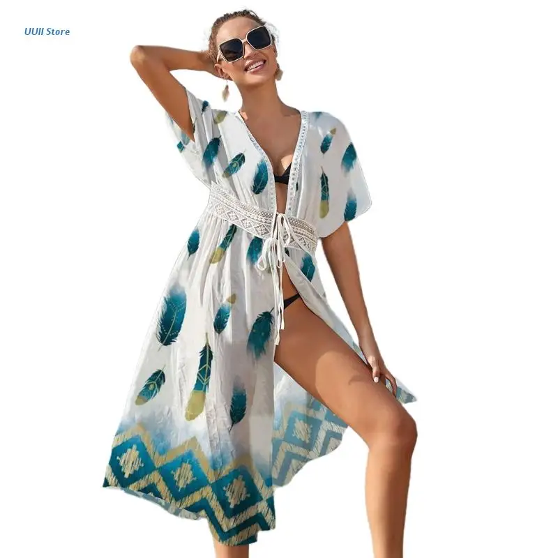 

Женское бикини, накидка на купальник, кимоно контрастных цветов с принтом перьев в стиле бохо, Пляжное длинное платье с открытой передней ча...