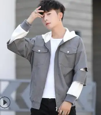 

The new Korean version of men's casual splicer jacket youth fashion long-sleeved hooded jacket men's style false