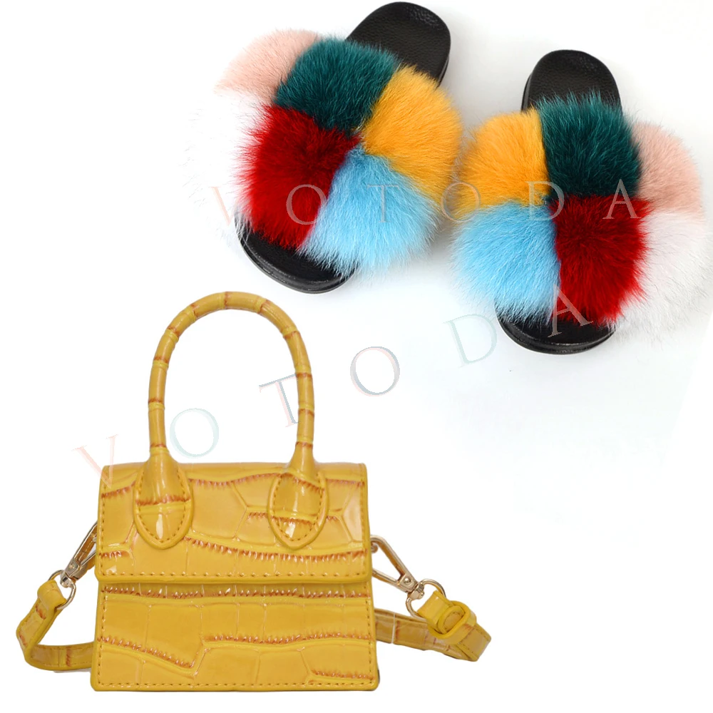 

Children Fur Slippers Kids Fur Slides Bag Set Toddlar Real Fur Sandals Wallet Set Baby Rainbow Fur Flip Flops Girls Indoor Shoes