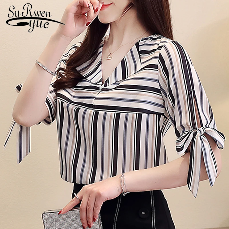 

Women's Tunic 2021 Summer New Short Sleeve V-neck Striped Chiffon Blouse Women Loose Korean-Style Slim Fit Women Shirt 8857 50