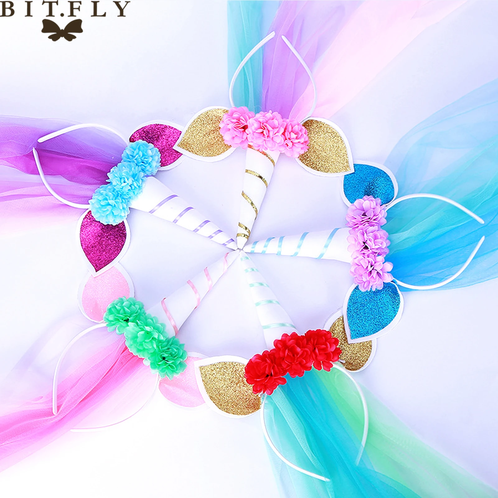 BIT.FLY Новый розовый/синий единорог повязка на голову для девочек кружевные