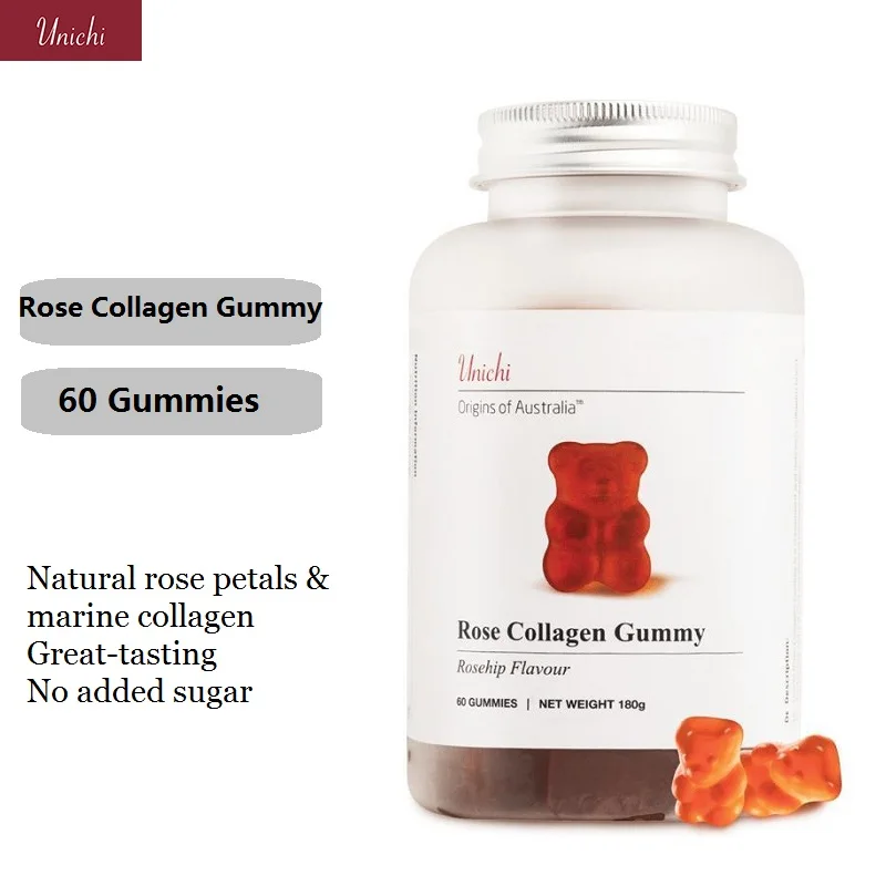 

Australia Unichi Rose Marine Collagen 60Gummies Women Healthy Nail Skin Elasticity Beauty Supplement Anti-Ageing Pill Sugar Free
