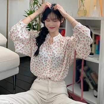 Ladies French Lantern Sleeve Floral Blouses Autumn Female Chic Round Neck Long Sleeves Shirt 1