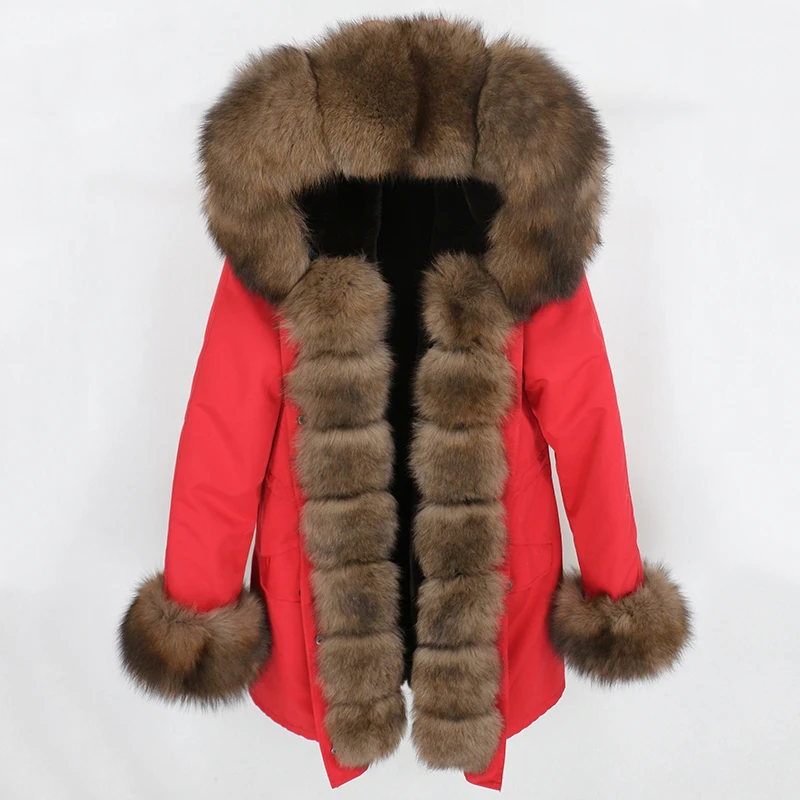 OFTBUY, водонепроницаемая парка, натуральное меховое пальто, зимняя куртка для женщин, воротник из натурального меха енота, капюшон, подкладка из натурального кроличьего меха, съемная - Цвет: red brown
