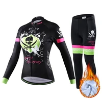 womens long sleeve cycling jersey thermal fleece top with bib pant set 20d gel pad sports patterned bike cycling clothing suit