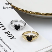 vintage love heart opening rings for women gold silver color black enamel adjustable metallic ring female romantic jewelry gift