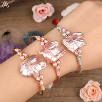 gold copper wire wrapped purple color natural pearl irregular slab beads open cuff bangles bracelets women jewelry dropship