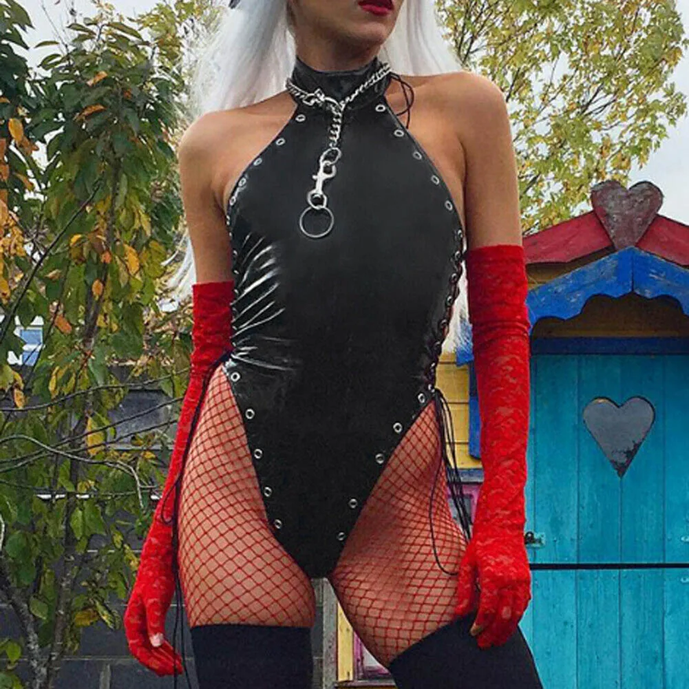 

Side Lace-up Hanging Neck Jumpsuit Female aImitation Patent Leather Swimwear TY66