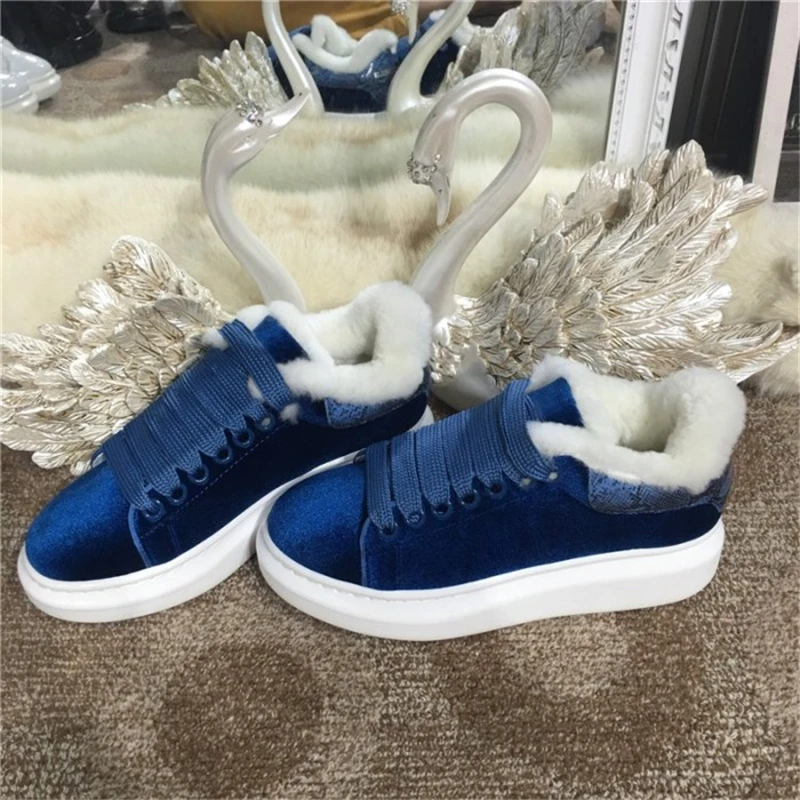 Новые модные бархатные женские кроссовки со шнуровкой зимние носки меховые