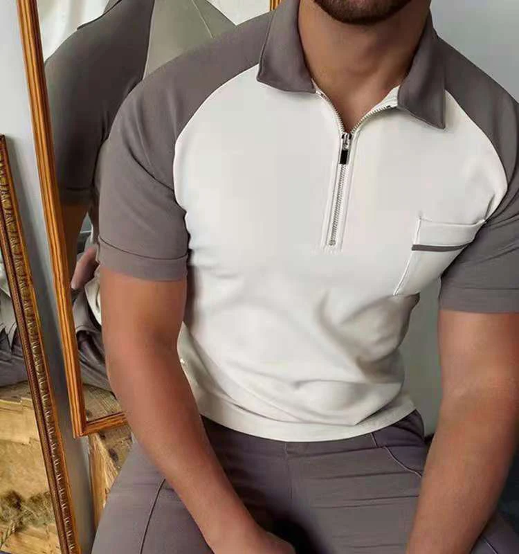 

Pop Men Polo Shirt Men Zipper Casual Fashion Polo Shirt Male Short Sleeve Breathable Patchwork High Quality Polo For Men Clothes