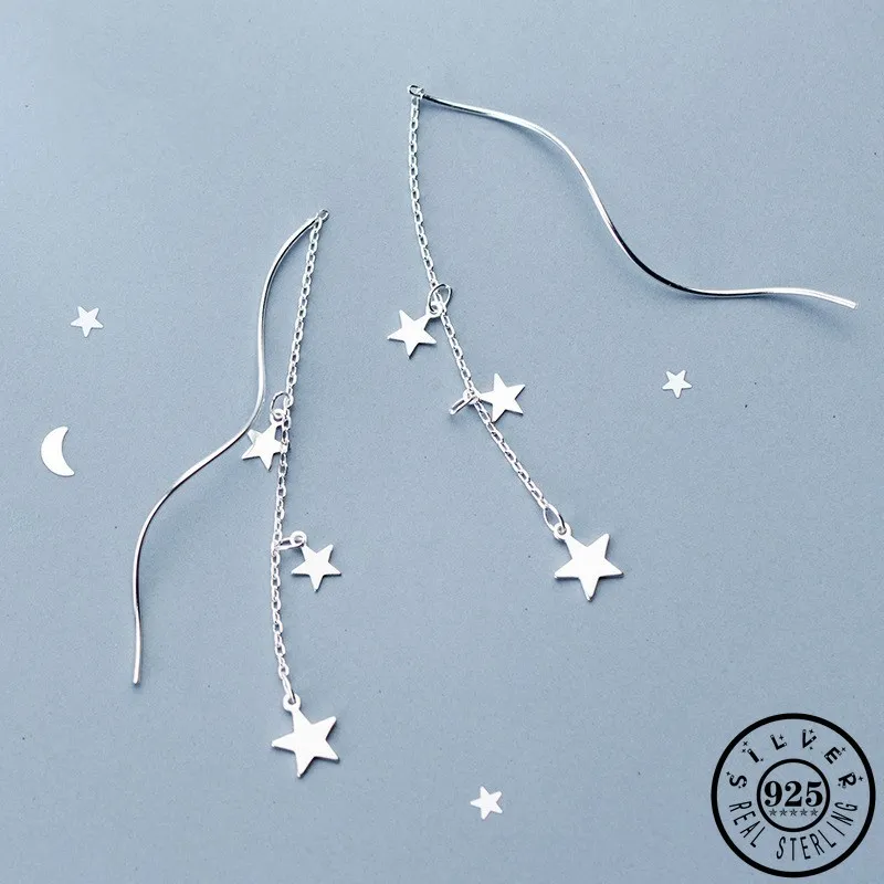 

925 стерлингового серебра минималистский и брелоком в форме звезды серьги-нити, высокое качество, длинная цепь висячие серьги, хорошее ювели...