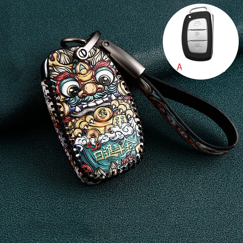 

Leather Key Fob Shell Cover Case fob for Hyundai Creta I10 I20 Tucson Elantra Santa Fe 2016 2017 2018 key case ring