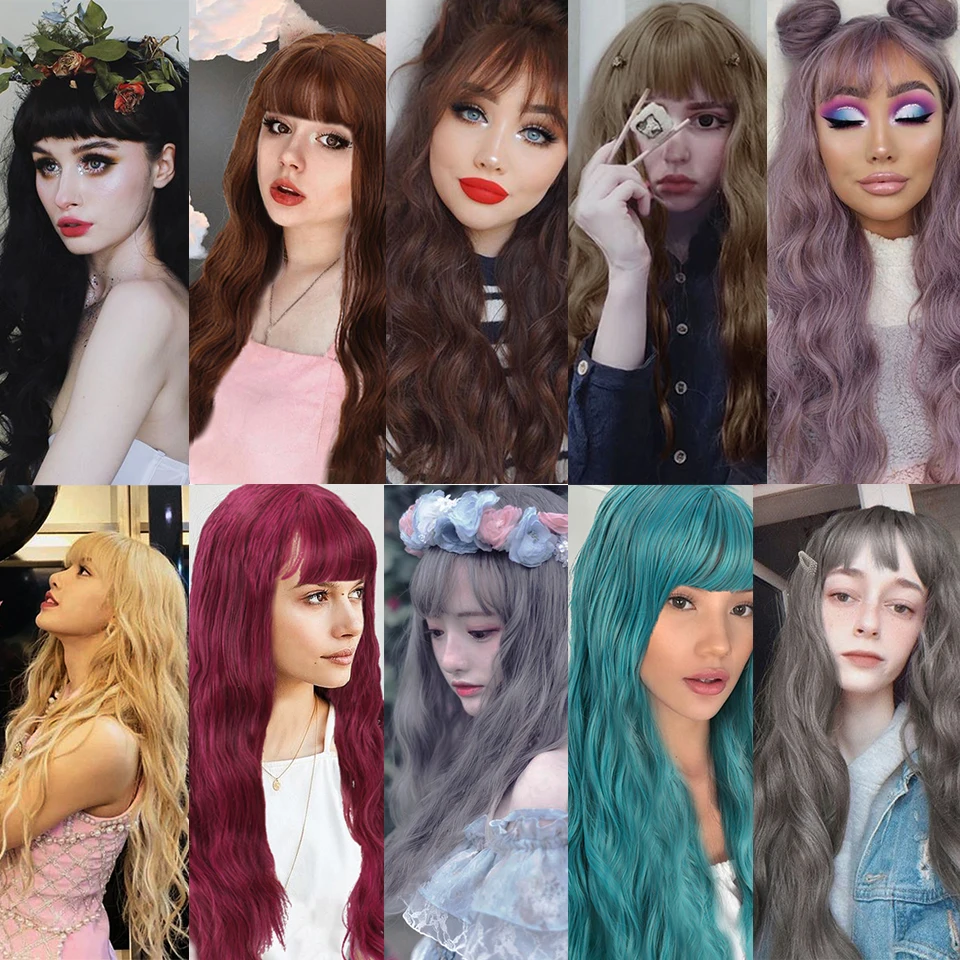 

BUQI Long Synthetic Wigs For Black/White Women Wavy Cosplay Wigs With Bang Heat Resistant Black Pink Brown Golden Daily Wig