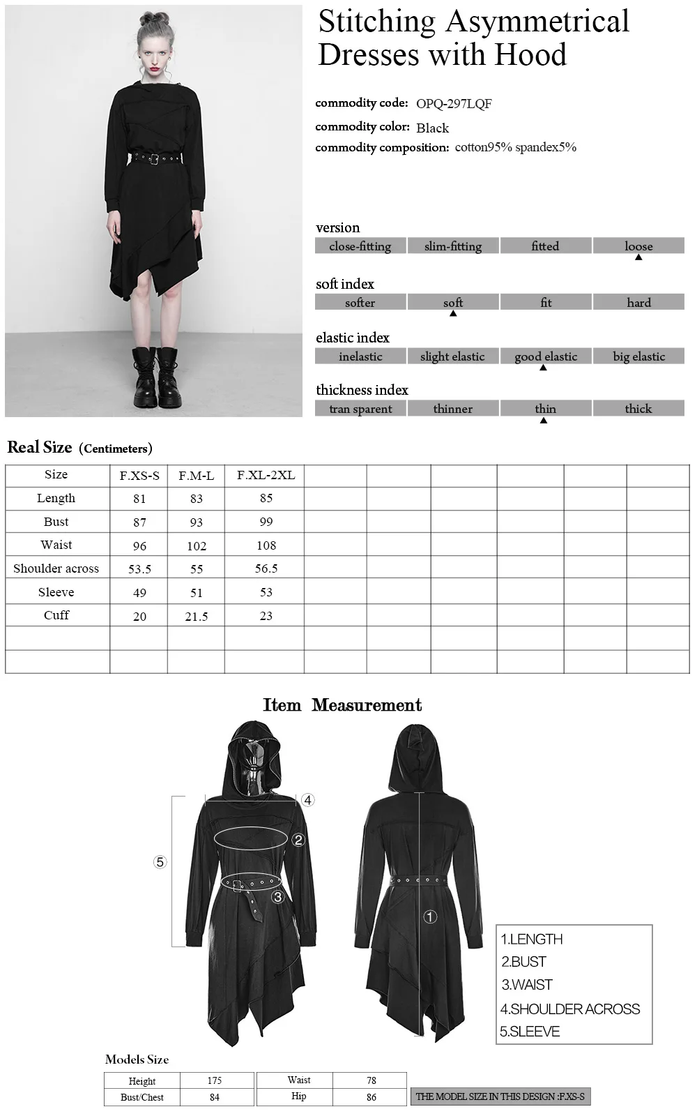 

PUNKRAVE Women's Punk Stitching Asymmetrical Dresses with Belt Personality Breathable Knit Zipper Wizard Hat Long Sleeve Dress