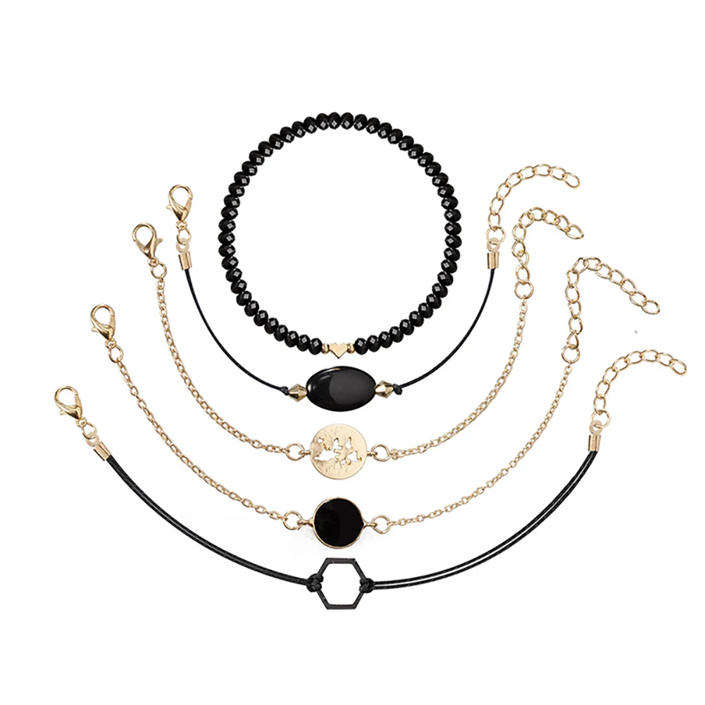 

5 Pcs/Set Handmade Black Beaded Bracelets Geometric Setted Alloy Bracelet Sets