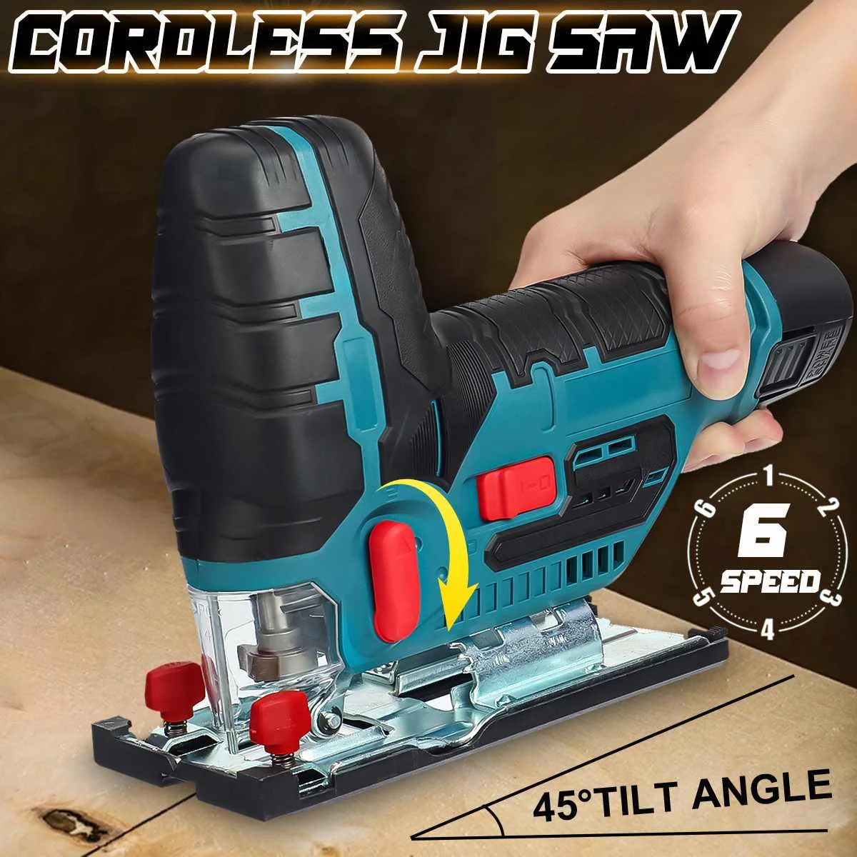 

70mm 12V Cordless Jig Saw Electric Jigsaw 5600RPM 45 Degree Tilt Angle Portable 6 Speed Adjustable Woodworking Power Tool