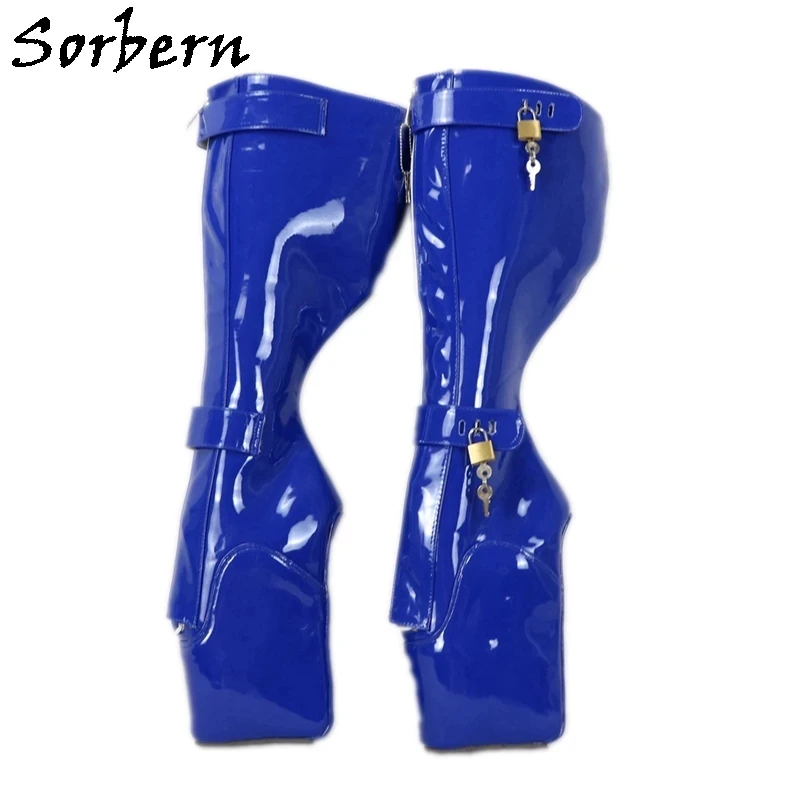 

Sorbern 6 KEYS Locking Zip Boots Knee High Women 18cm High Heels Ballet Wedge Boot Fetish Dominatrix Black Custom Wide Leg