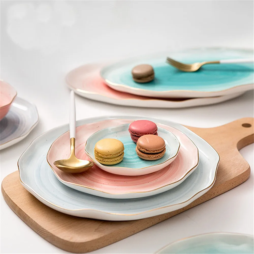 Ceramics Dinner Plate Set Plating Gold Strip Dishes Plates Porcelain Rice Fish Steak Dessert Tableware Irregular Handmade | Дом и сад