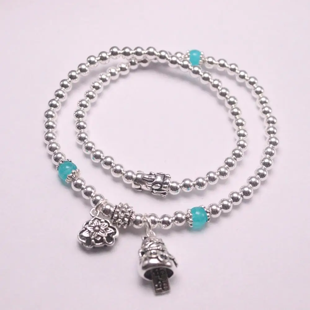

Real Silver 925 Bracelet Chain For Women Girl Silver Small Beads Amazonite Beads Lucky Bracelet Charms Cat