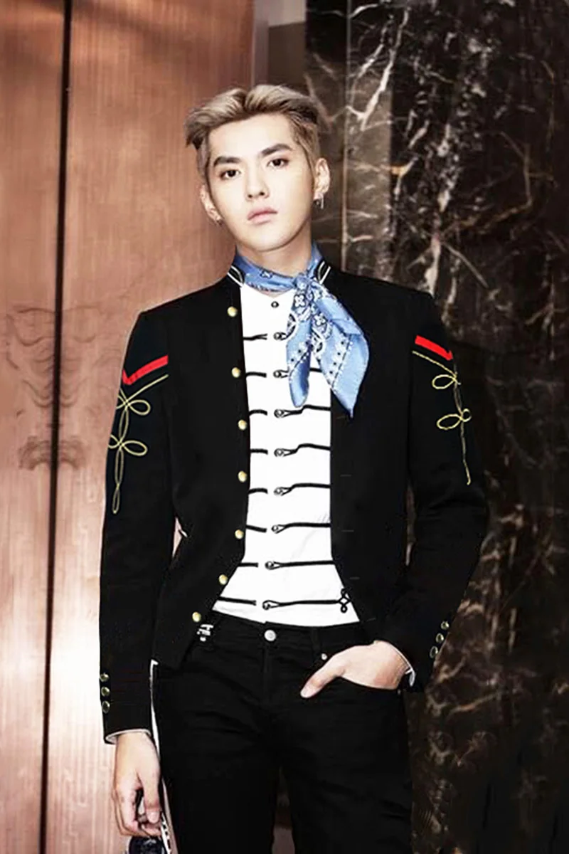 

S-XXLKorean version of the collar collar Zhongshan suit embroidered suit male spring and autumn black net red small suit studio