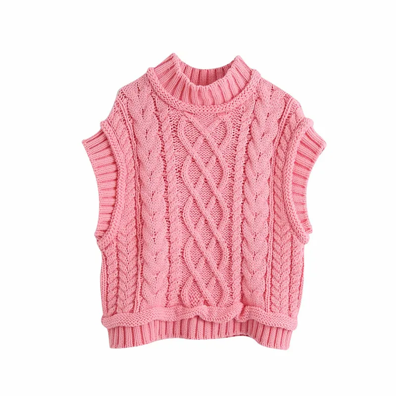 

Evfer Women Casual Za Turtleneck Pink Knitted Pullover Vest 2020 Autumn Chic Lady Sleeveless Sweaters Girls Cute Knitted Jumpers