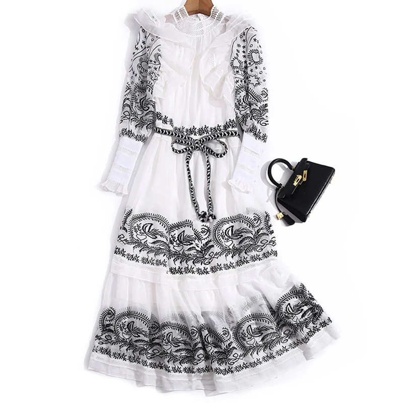 

Didabole spring new women's water soluble collar lotus sleeve lace up waist heavy industry embroidery swing long dress
