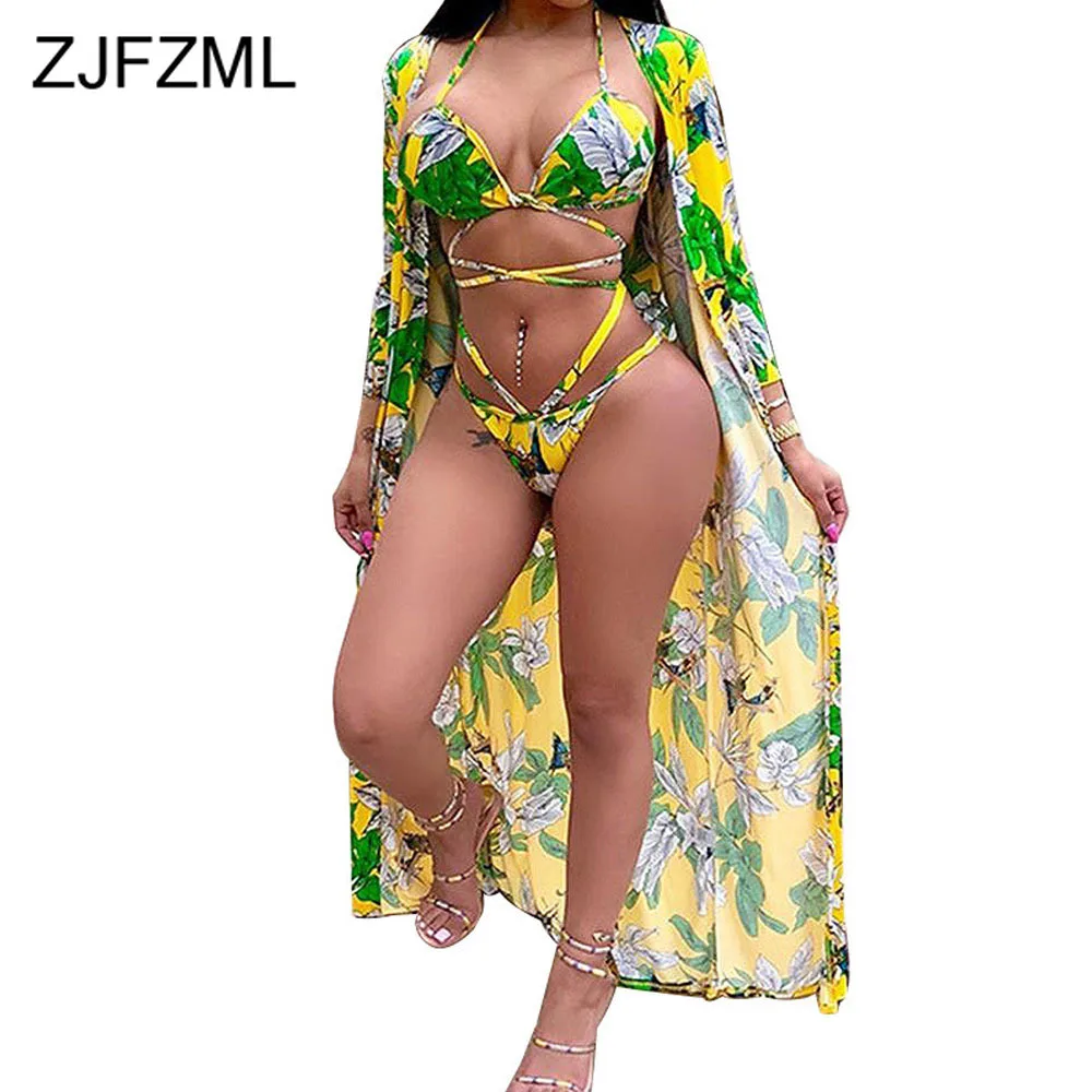 Купальник-бикини женский с цветочным принтом пикантный комплект из 3 предметов