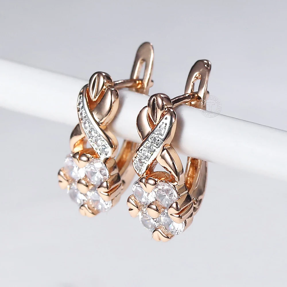 

2021 Trendy Drop Earrings For Women 585 Rose Gold CZ Stone Twisted Flower Shaped Girls Wedding Jewelry Dangle Earrings LGE335