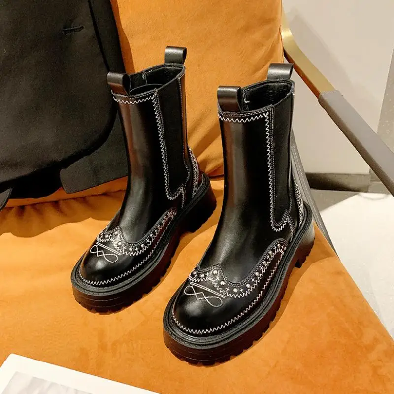 

Ботинки Челси на платформе в готическом стиле, женские дизайнерские Ботинки на каблуке с вышивкой, женские ботинки, водонепроницаемая женс...
