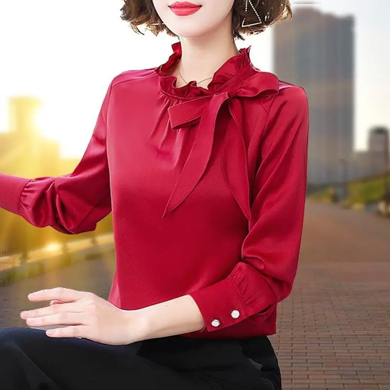

Women Spring Autumn Style Chiffon Blouses Shirt Lady Casual Long Sleeve O-Neck Bow Solid Women's Casual Loose Tops DF3560