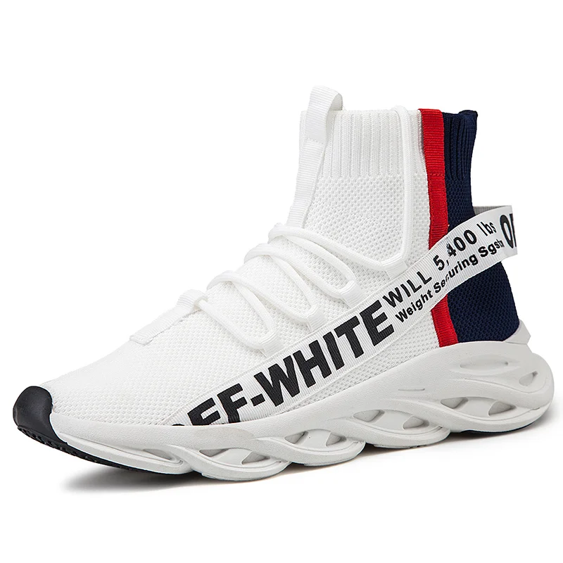 Men's Spring Autumn Fashion Leisure Casual Shoes Mesh Fabric Lightweight Hiking Walking Running Sport Sock High-top Sneakers - Цвет: White-1