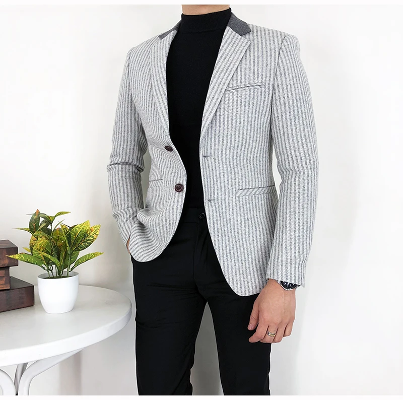 

Latest Slim Fit Men Blazer Casual Handsome Formal White Blazers Men Suits Striped Erkek Blazer Ceket Mens Casual Suit YY50MB
