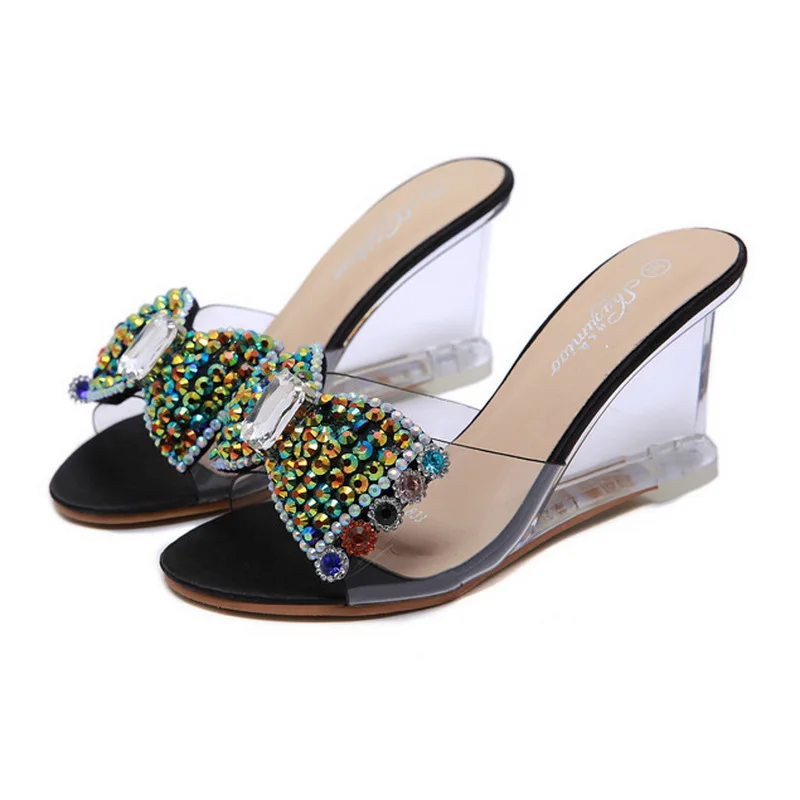 

Women Sandals Women's Summer Sexy Crystal Transparent High Heels Water Drill Slope shoes Crystal bow Sandals