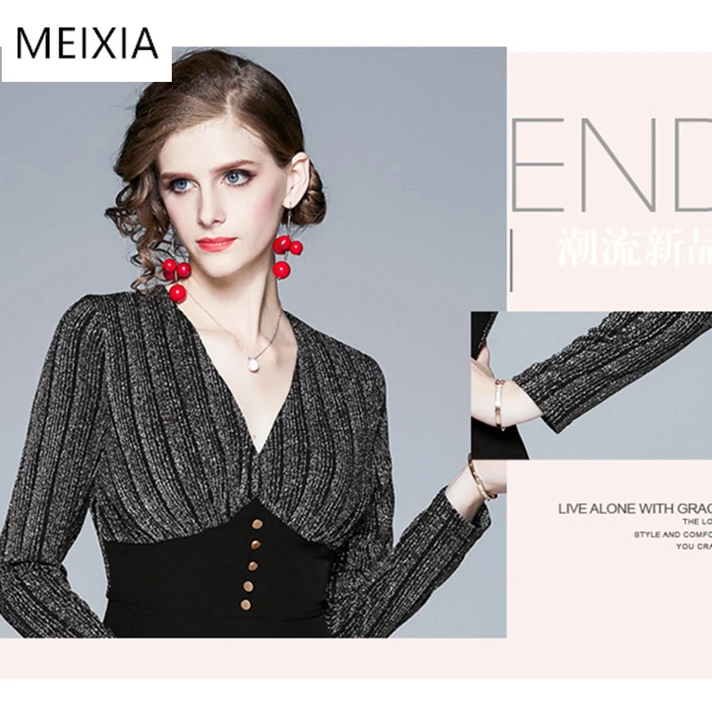 

Women's Dresses European American New Waist Vintage Temperament Long Dress Black Patchwork V-Neck Swing A-line Dress