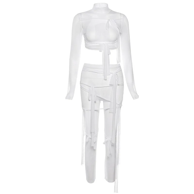 

European and American new style 2021 spring and summer fashion women's sexy mesh long-sleeved ribbon casual suit