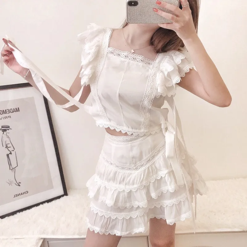 Женский офисный комплект из 2 предметов корейский кружевной топ с вышивкой и юбка