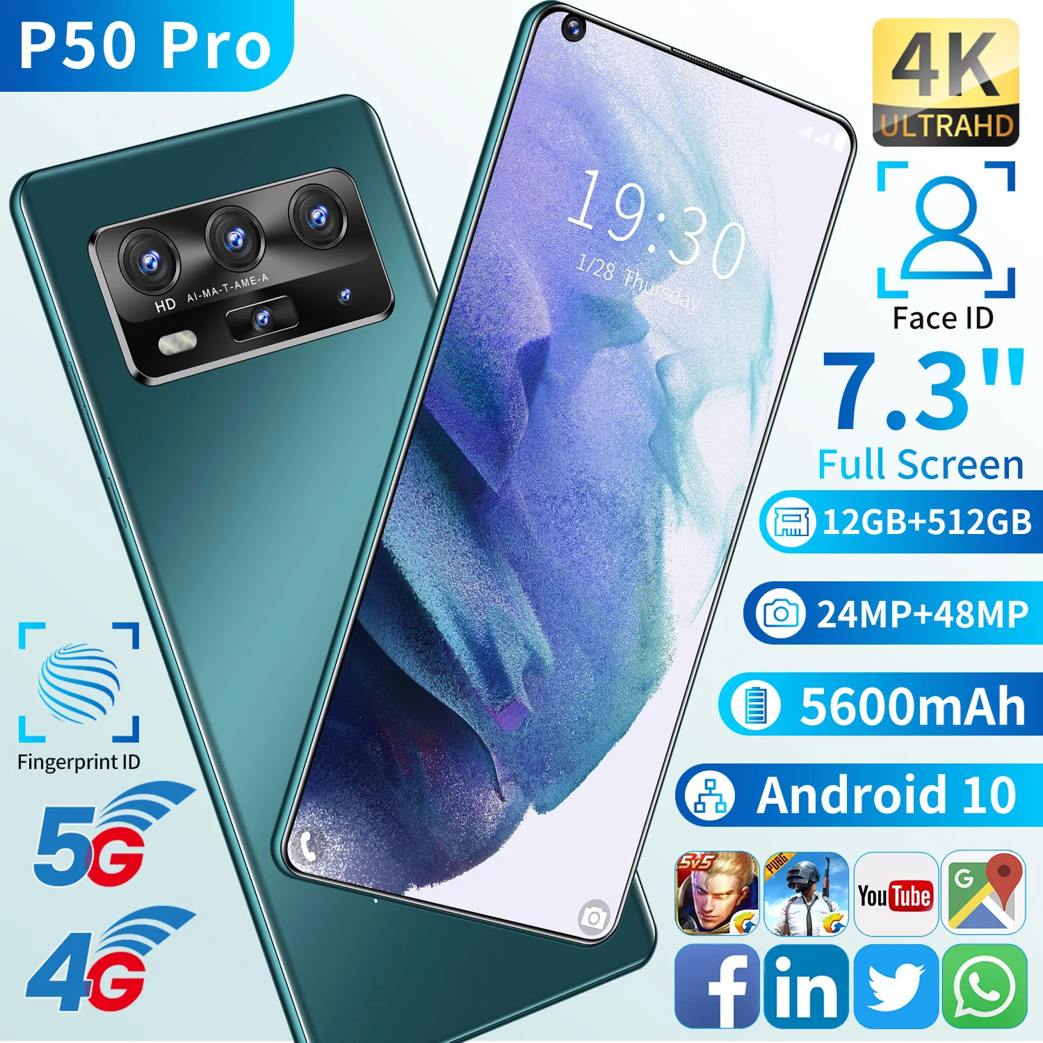 

Top Sale Smartphone P50 Pro Global Version 7.3 Inch Screen 5600mAh 12G 512G Snapdragon 888 24MP 48MP Camera Face ID Mobile Phone