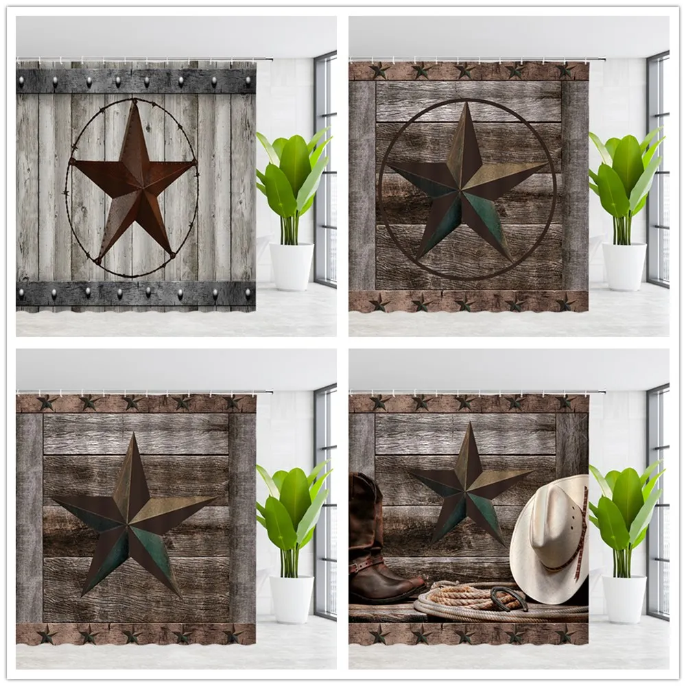 

Пятиконечные звезды, занавески для душа, винтажная деревянная доска, ковбойская шляпа, сапоги, ванная комната, Декор, полиэстер, ткань, занав...