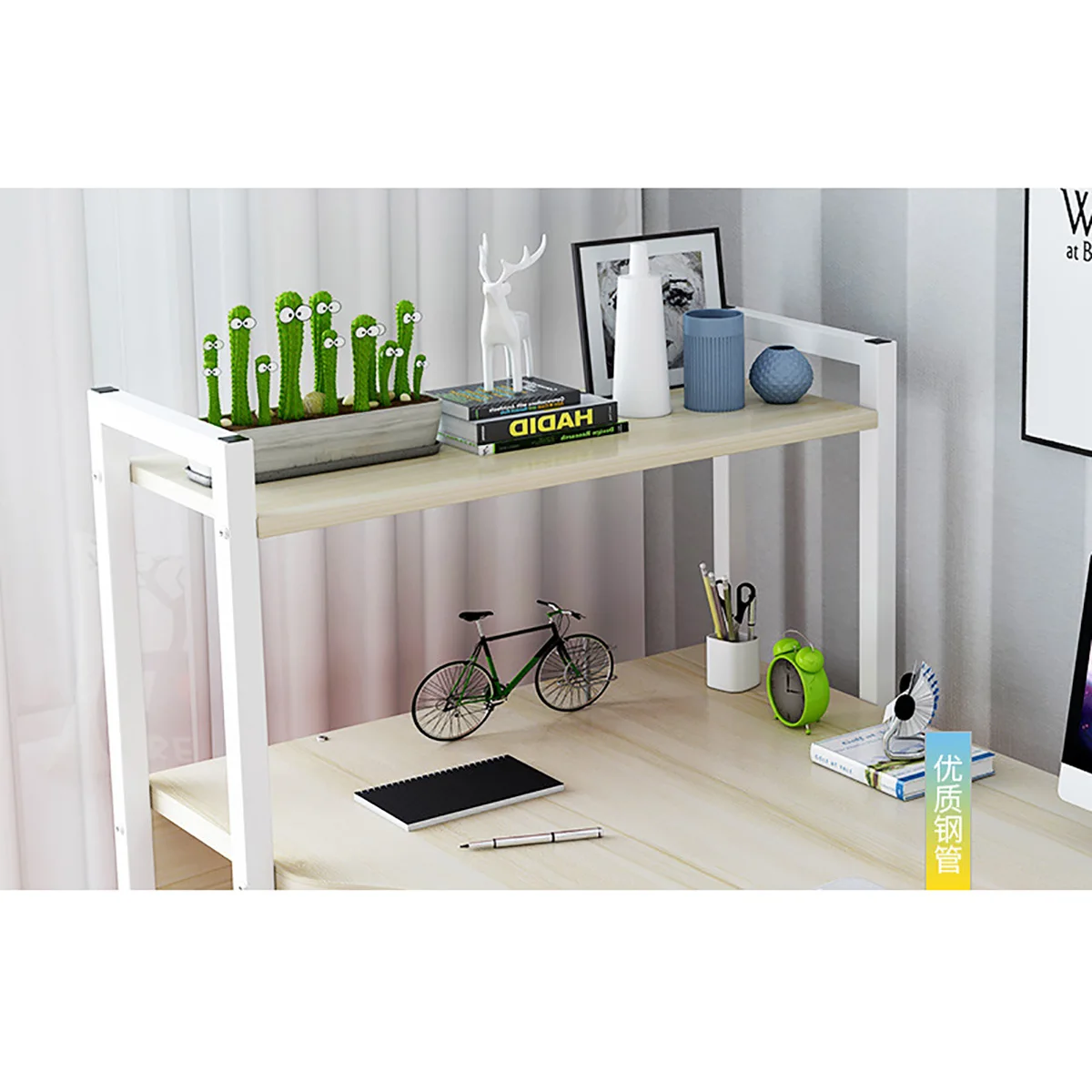 

90/100/120cm Computer Laptop Desk Modern Style Computer Desk with 4 Tiers Bookshelf for Home Office Studying Living Room