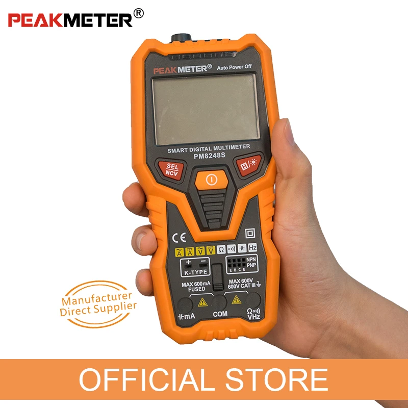 Peakmeter PM8248S Smart AutoRange Professional Digital Multimeter Voltmeter NCV Frequency Backlight Temperature Transistor test |